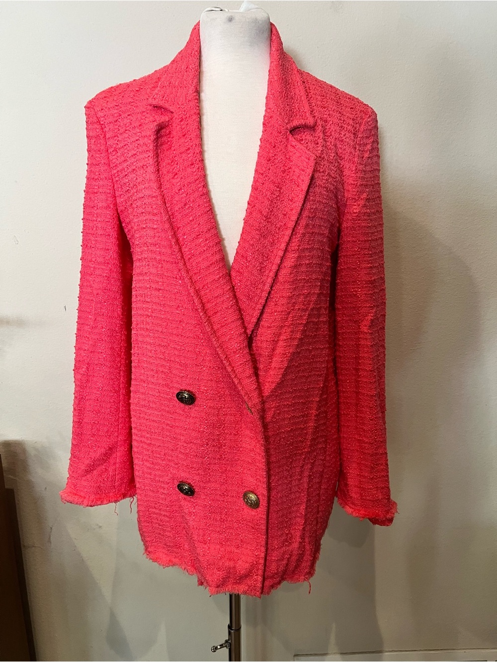Zara Womens Bright Pink Double-Breasted Bouclé Blazer Small